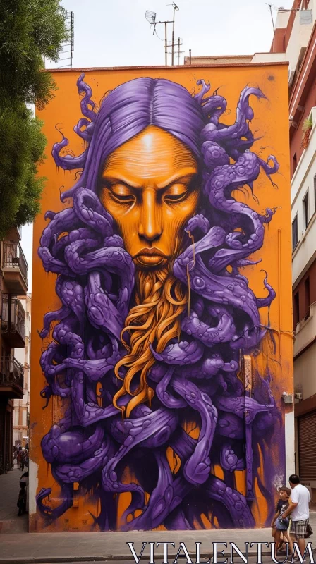 Surreal Urban Mural - Purple Medusa with Orange Face AI Image