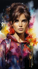 Vivid Watercolor Female Portrait with Floral Explosions AI Image