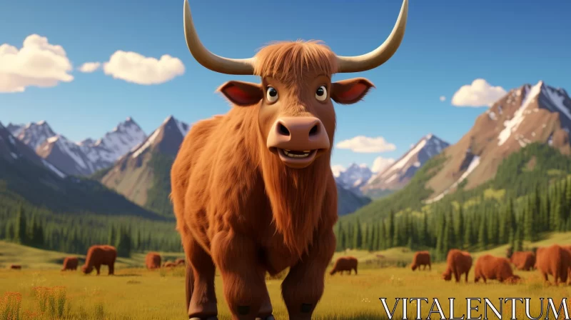 Animated Cow in Pasture - A Charming Caricature Amidst Beautiful Scenery AI Image