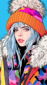 Illustrated Fashion Portrait - Girl with Blue Hair in Colorful Coat AI Image