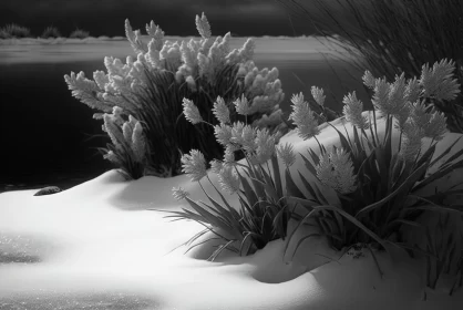 Monochrome Portrayal of Plant Life by a Frozen Lake AI Image