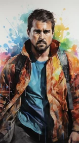 Watercolor Portrait of Man in Orange Jacket - Adventurous Sci-Fi Art