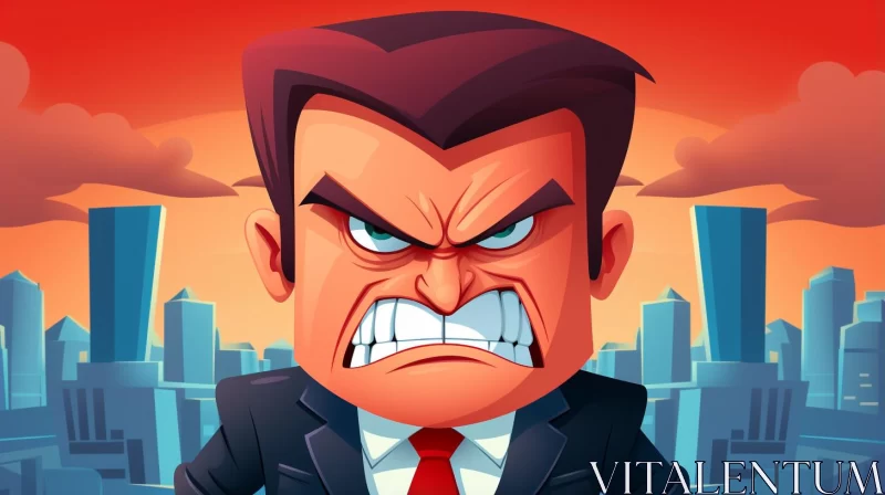 Angry Warrior Cartoon Boss in Dazzling Cityscape Illustration AI Image