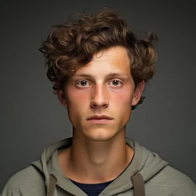 Detailed Portrait of Boy with Curly Hair in Green Hoodie