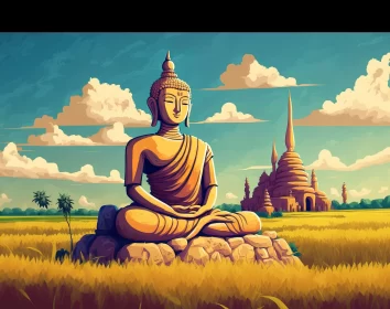 Peaceful Buddha in Pixel Art: A Blend of Indonesian and Khmer Traditions AI Image