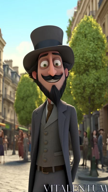 Animated Victorian Gentleman in Top Hat - Parisian Streetscape Cartoon Imagery AI Image