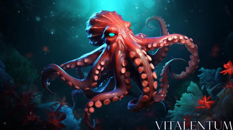 Crimson Octopus in Dark Waters: A Stylized Artwork AI Image