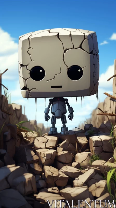 Animated Robot Amidst Ruins: A Blocky Adorable Sculpture AI Image