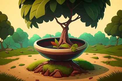 Artistic Illustration of a Tree in a Pot - 2D Game Art Style