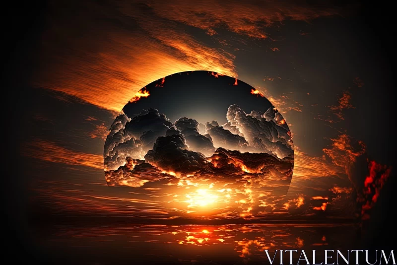 Post-Apocalyptic Landscape with Black Sun and Surreal Clouds AI Image