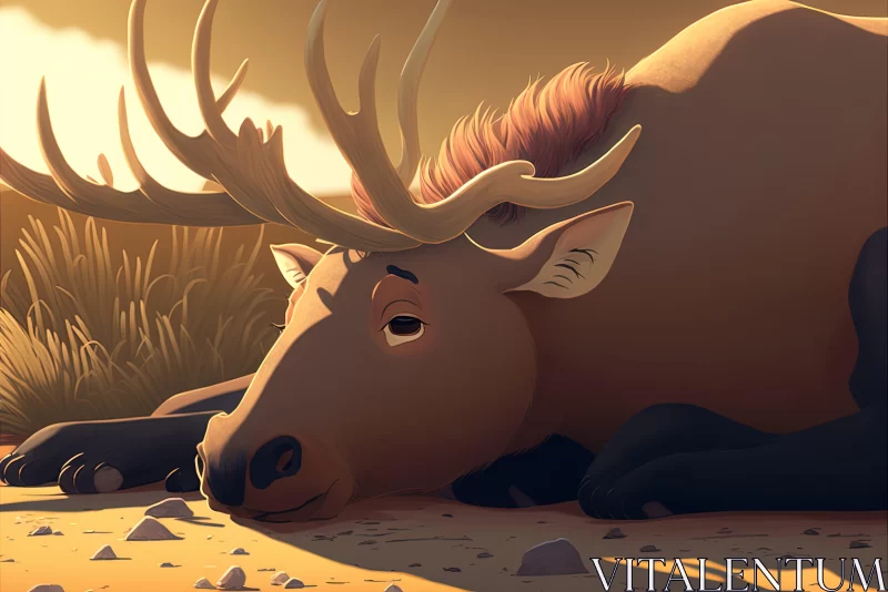 Romantic Cartoon Illustration of a Resting Elk AI Image