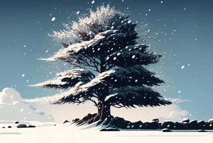 Snowy Mountain Solitude: A Tree in Winter's Embrace AI Image