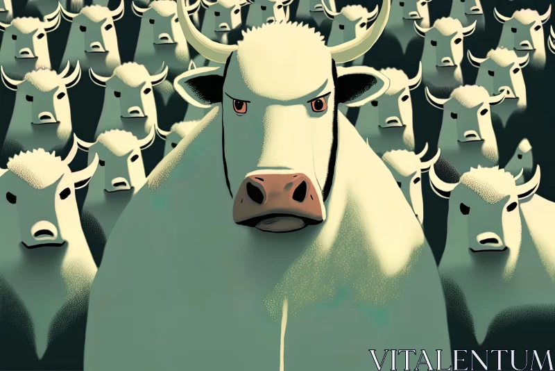 White Cow in Crowd: A Bold Graphic Illustration AI Image