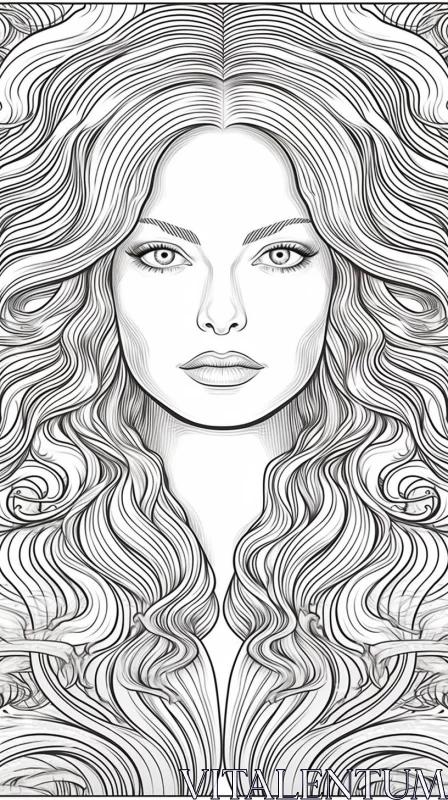 Black and White Adult Coloring Page - Woman's Face with Wavy Hair AI Image