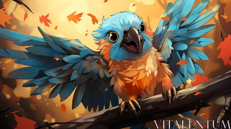 Blue and Orange Parrot in Fall - Anime-Inspired Digital Art AI Image