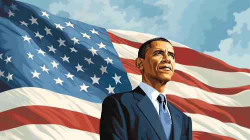 Illustrated Portrait of President Barack Obama with American Flag