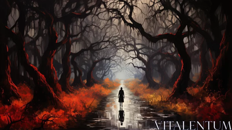 Man Walking Through a Dark Forest in Gothic Style Digital Art AI Image