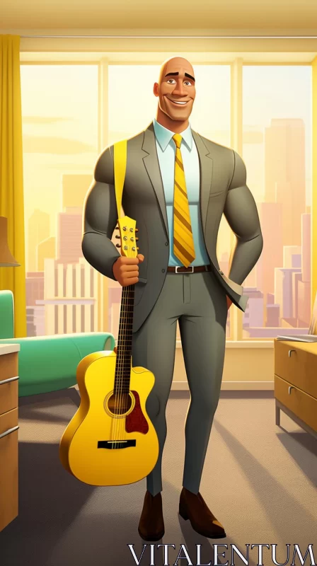 AI ART Cartoon Man with Guitar in Urban Office Setting