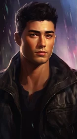 Charming Man in Leather Jacket Amidst Rain