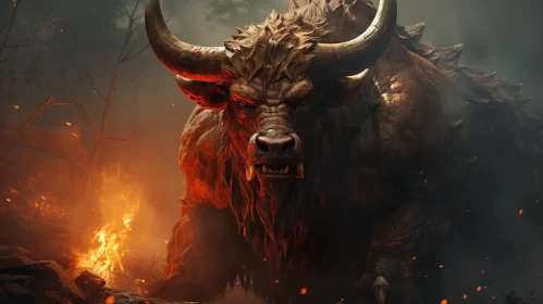 Fierce Mythic Beast in Fire - Detailed Rustic Illustration AI Image