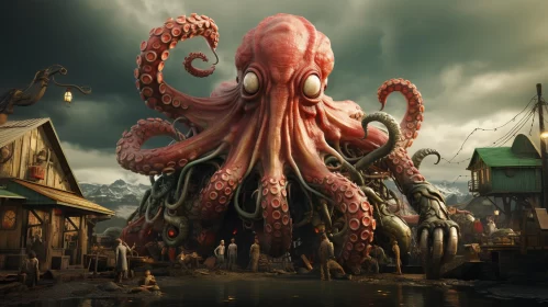 Giant Octopus Near Small Town: A Picture of Structured Chaos AI Image