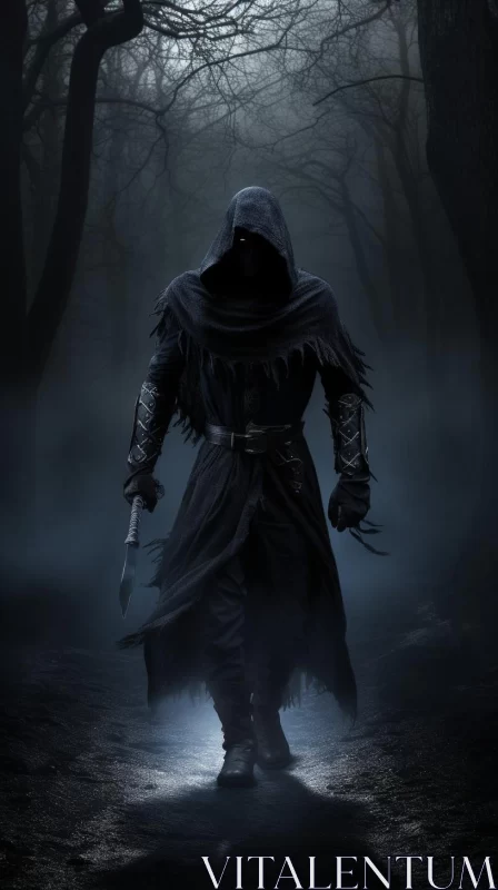 Mysterious Cloaked Figure in Dark Forest Wallpaper AI Image