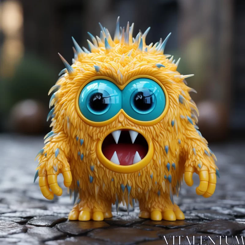 Yellow Toy Monster with Blue Eyes in Urban Setting AI Image