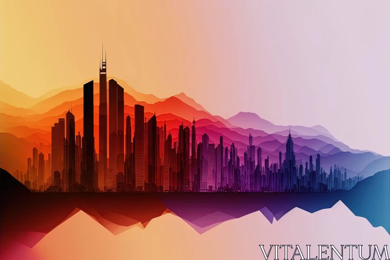 Abstract Cityscape with Mountains and Water - Colorful Gradient Art AI Image