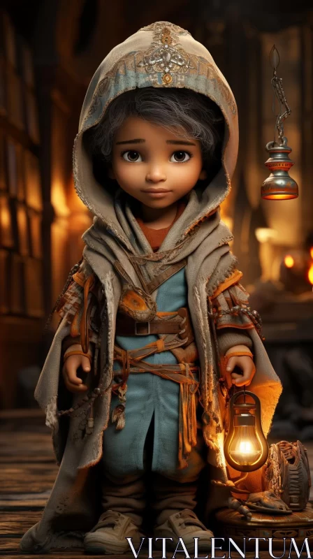 Cartoon Girl with Lantern - Childlike and Orientalist Imagery AI Image