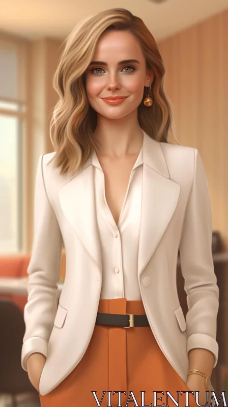 Elegant Woman in White Blazer and Orange Shorts AI Image