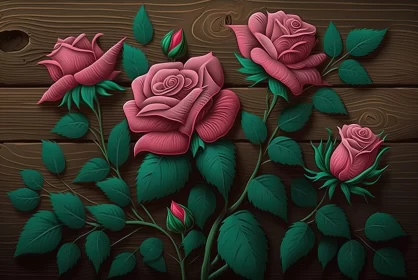 Enchanting Wood Carved Roses in Folk Art and Surrealism Style