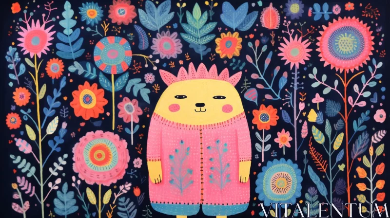 Folk Art Inspired Illustration of a Bear in a Colorful Garden AI Image