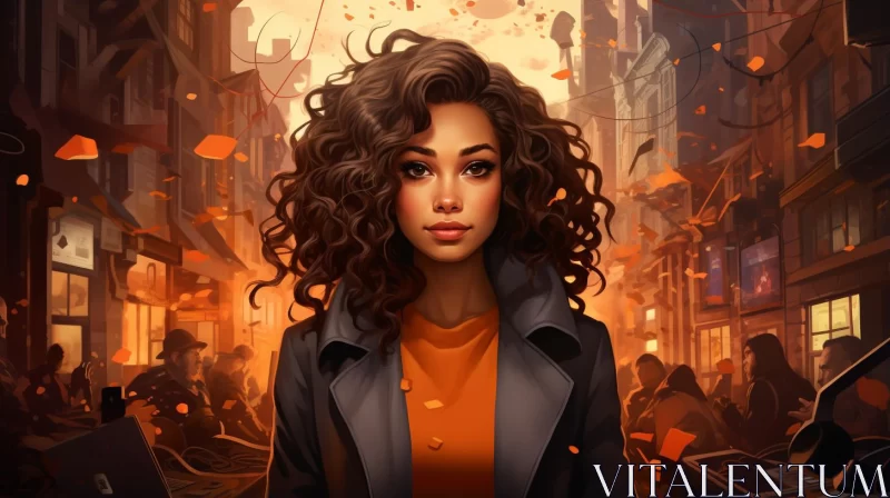 Illustration of Curly Hair Girl in City Setting AI Image