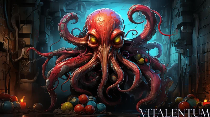 AI ART Mysterious Octopus: A Digital Painting in Crimson and Blue