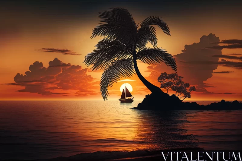 Romantic Sunset with Sailboat and Palm Trees AI Image