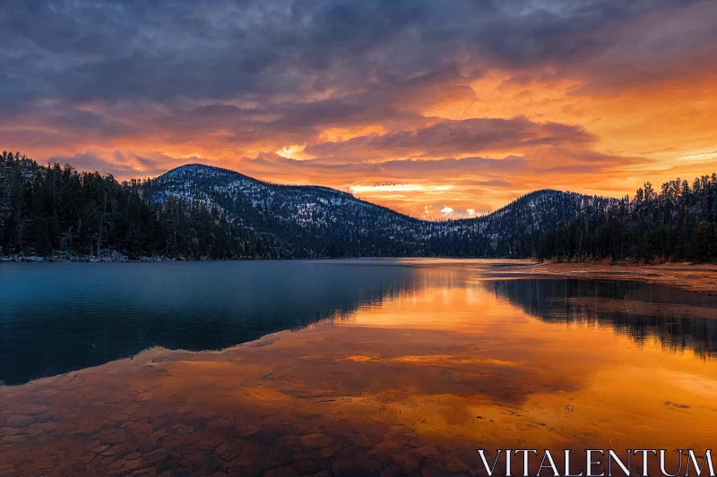 Serene Sunset Over Water and Mountains AI Image