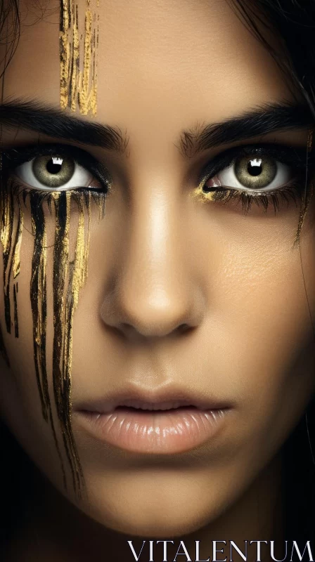 Woman with Golden Makeup and Layered Imagery AI Image