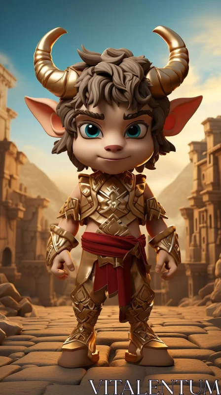 Animated Horned Character in Golden City - Fantasy Illustration AI Image
