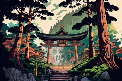 Anime Art Poster: Forest with Pagoda AI Image