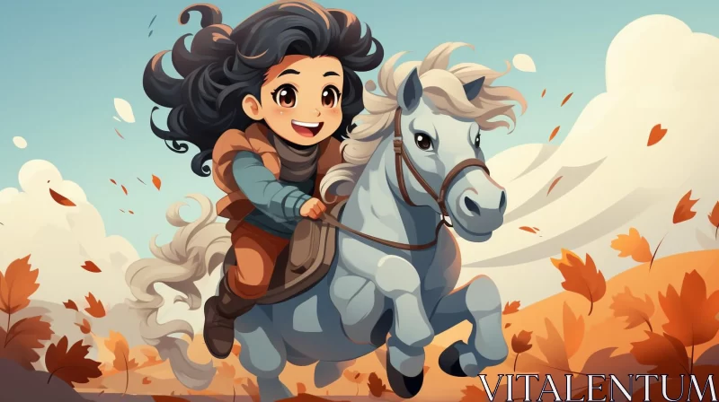 Cartoon Girl Riding Horse in Autumn Field AI Image