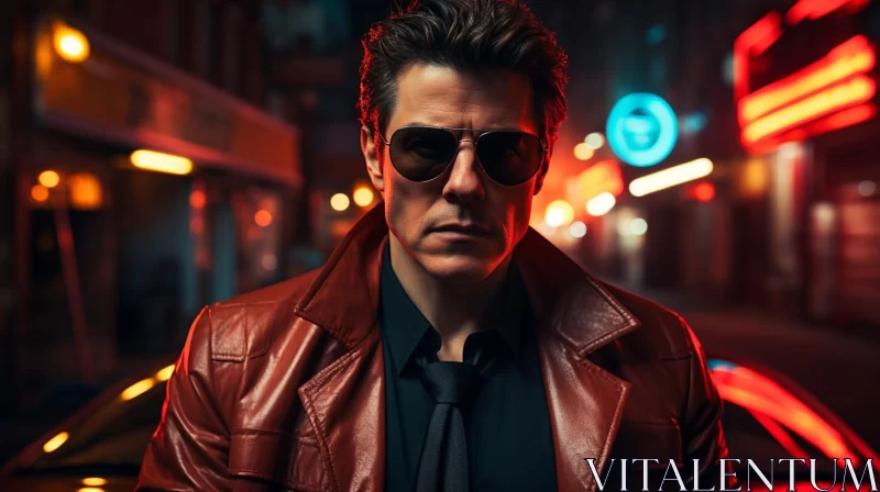Mysterious Man in Leather Jacket and Sunglasses AI Image
