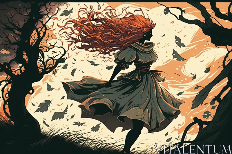 Red-Haired Witch in Forest Wilderness: Victorian-Inspired Ink Art AI Image