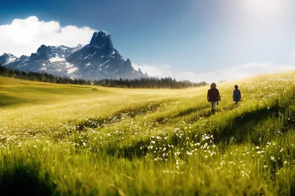 Tranquil Alpine Meadow: Two People Amidst Mountains AI Image