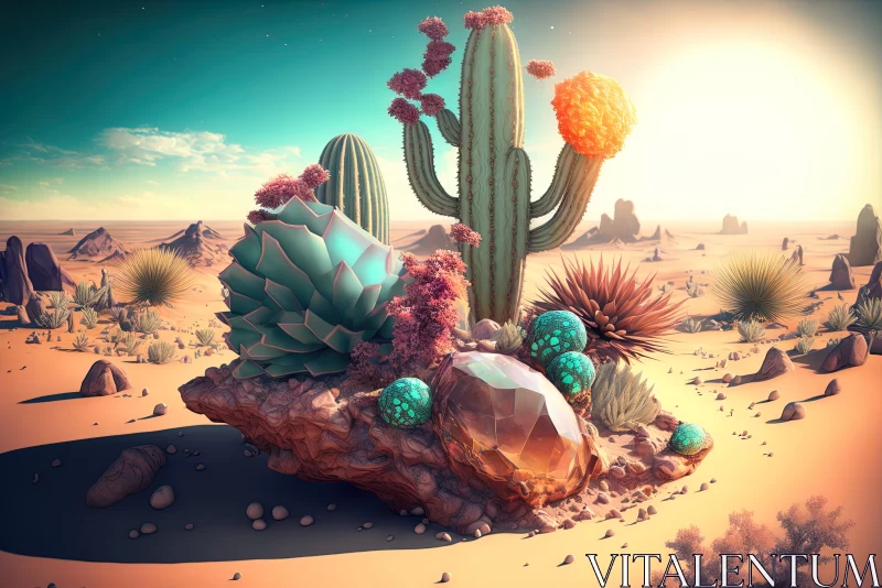 3D Crystal Cacti: A Surrealistic Desert Landscape AI Image
