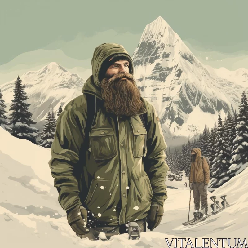 Bearded Man in Snow - Stylized Wilderness Illustration AI Image