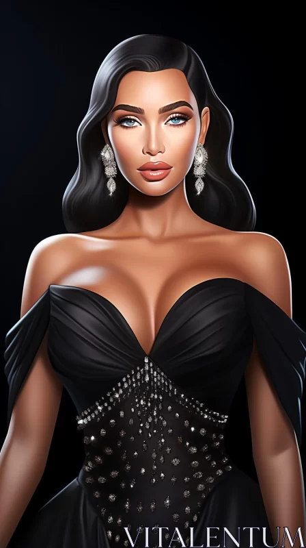 Beautiful Woman in Black Gown - Cartoon Realism and Chicano Art AI Image