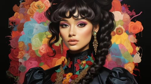 Neo-Victorian Style Woman with Flowers and Jewelry Illustration AI Image