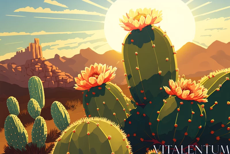 Neon Art Nouveau Desert Landscape with Cacti and Sunrays AI Image