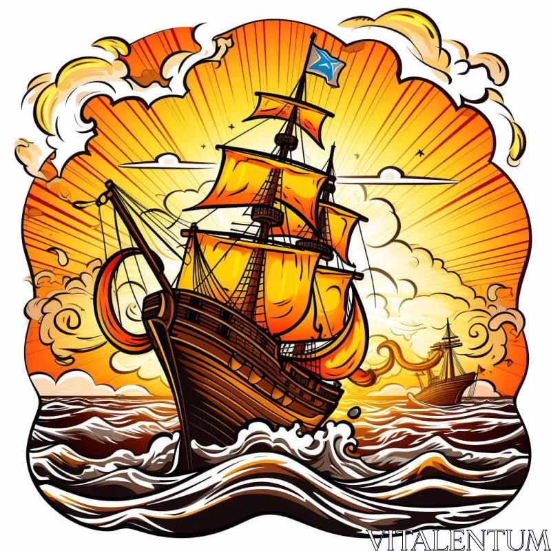 Vintage Pirate Ship Sailing on Ocean at Sunset - Illustration AI Image