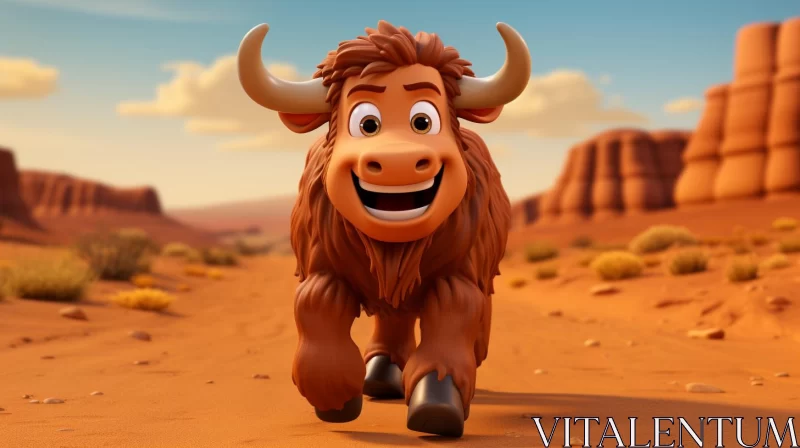 Comical Cartoon Bull in Vast Desert Landscape AI Image